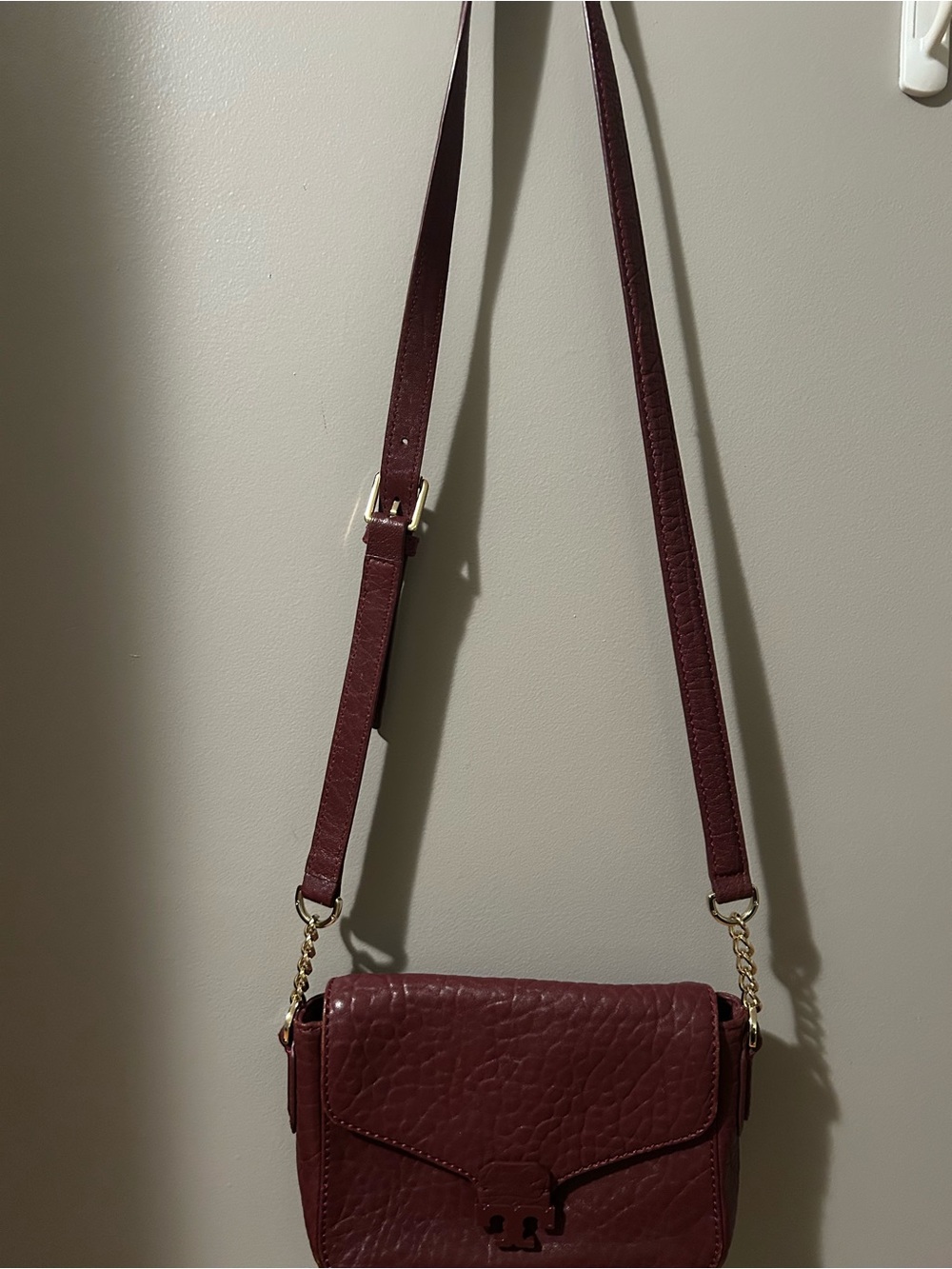 Tory Burch Deep Burgundy Textured Leather Crossbody with Gold Chain